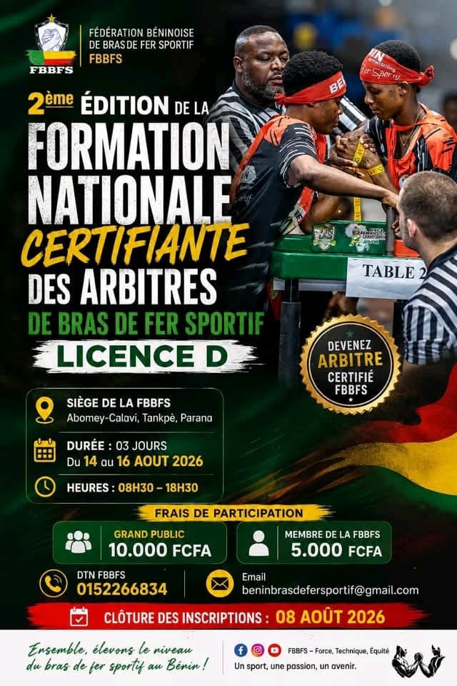 BRAS DE FER SPORTIF : la FBBFS lance la 2ᵉ édition de la formation nationale certifiante des arbitres