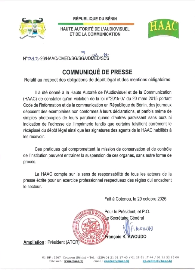 PRESSE ÉCRITE AU BÉNIN : la Haac rappelle les obligations de dépôt légal et menace de suspension les organes irréguliers